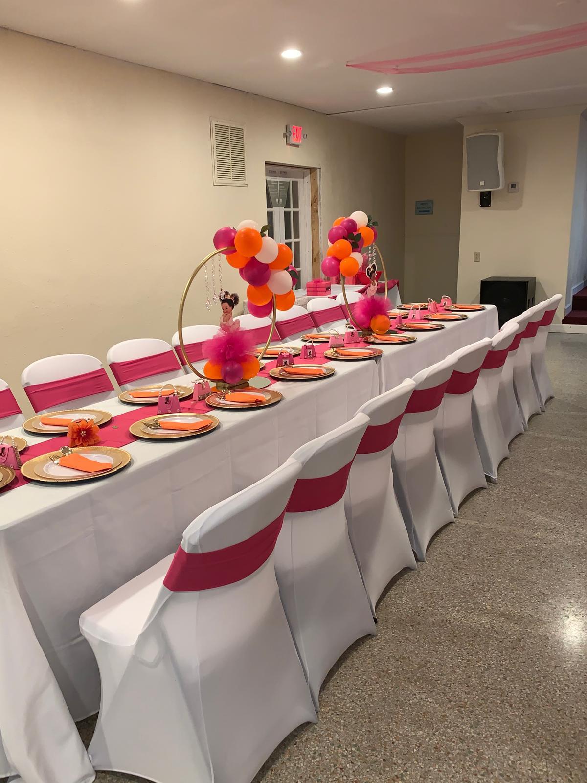 Banquet hall event space set up for a celebration.