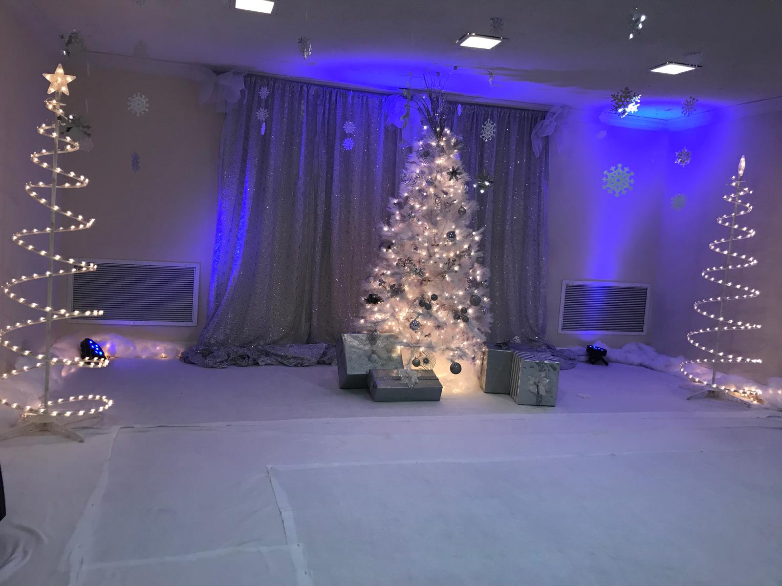 Winter-themed holiday display in the banquet hall event space.