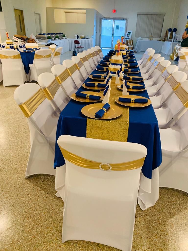 Event setup inside the New Life Worship Center banquet hall.