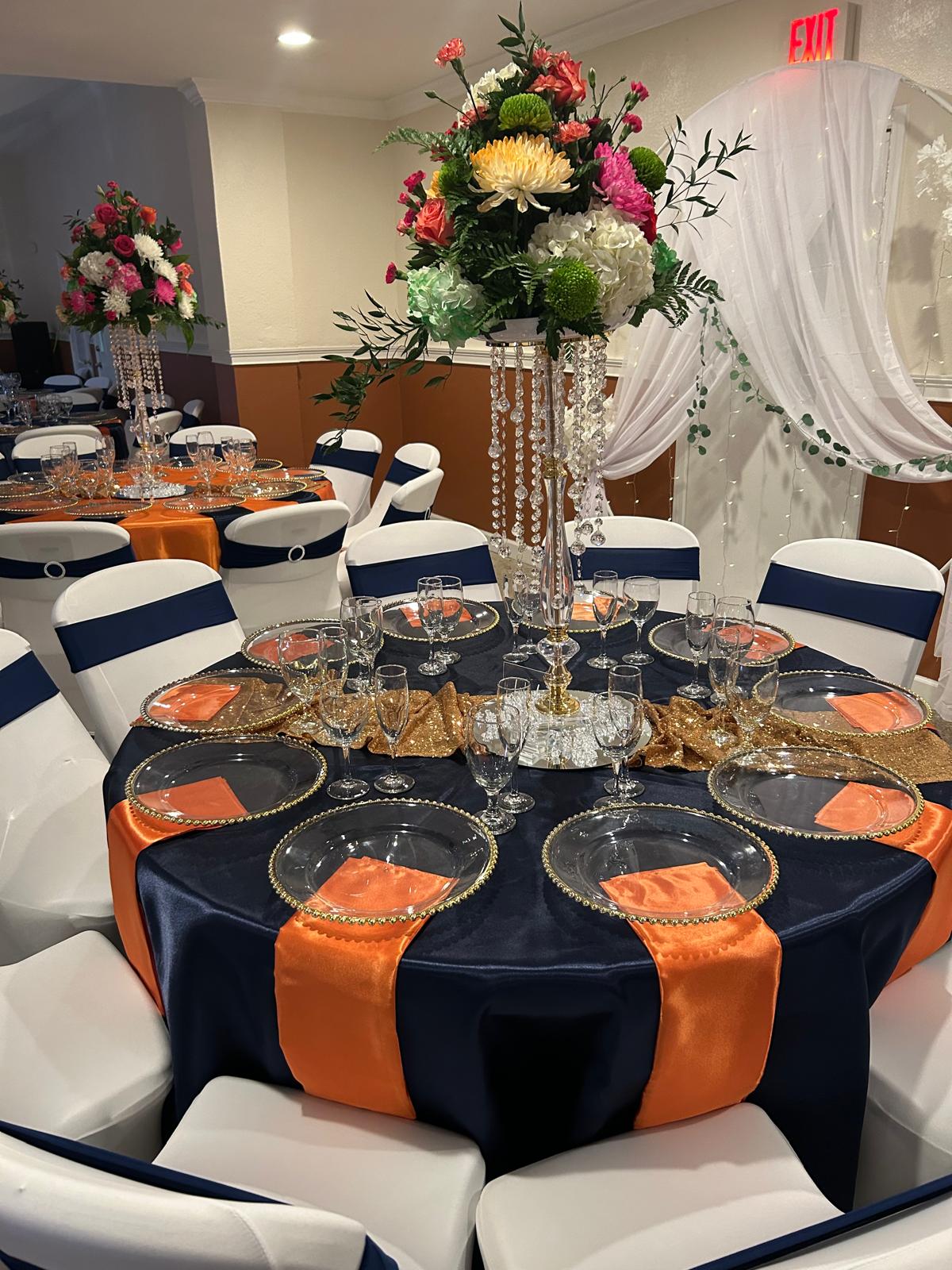 Banquet hall space prepared for a gathering with family and friends.