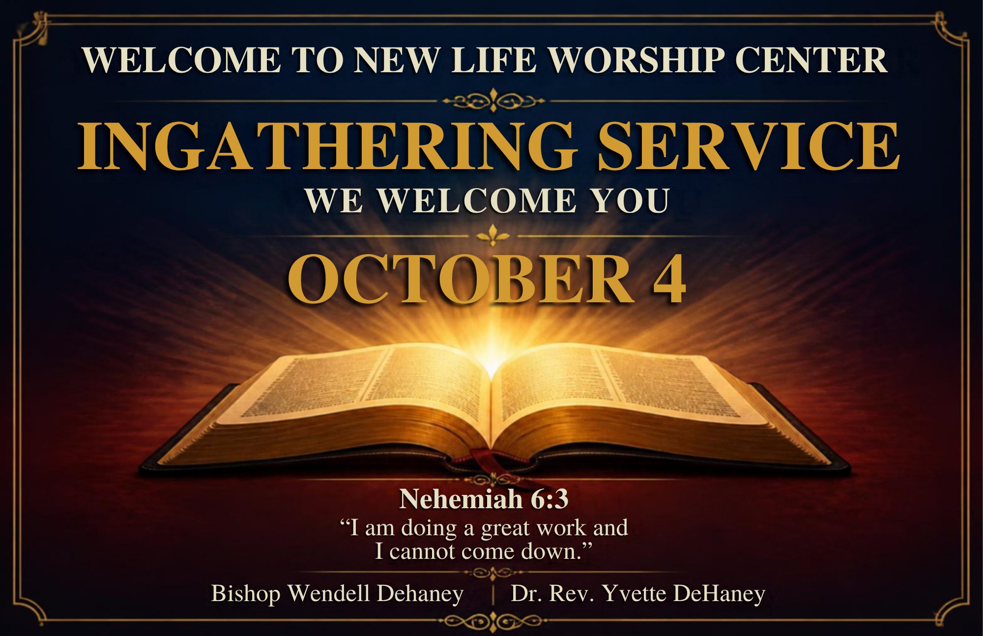 Ingathering Service welcome graphic with open Bible artwork.