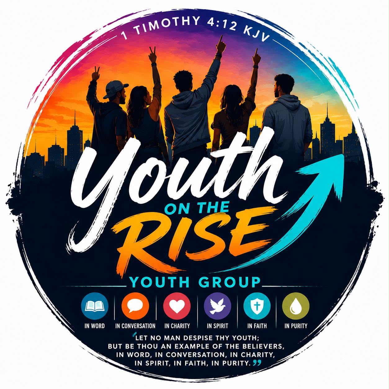 Youth on the Rise youth group logo with 1 Timothy 4:12.
